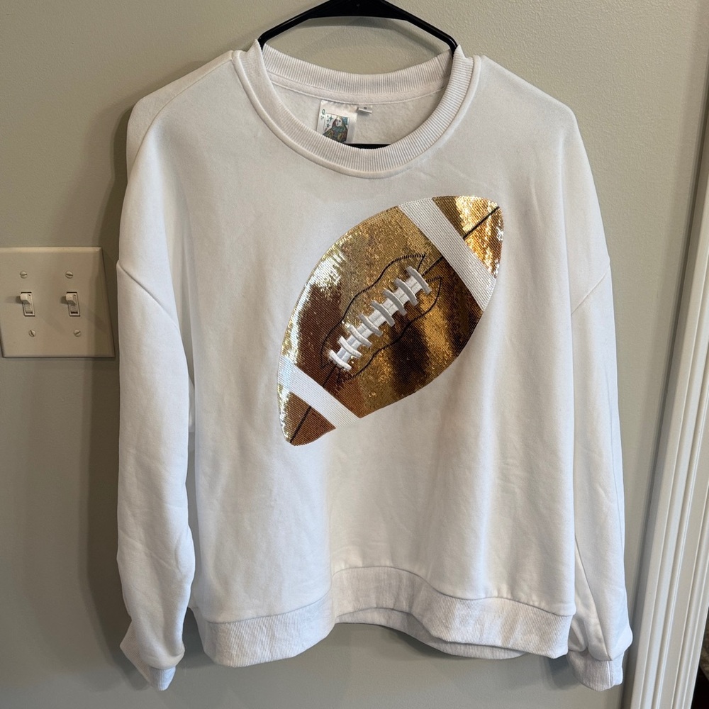 QUEEN OF SPARKLES White and Gold Football Sweater